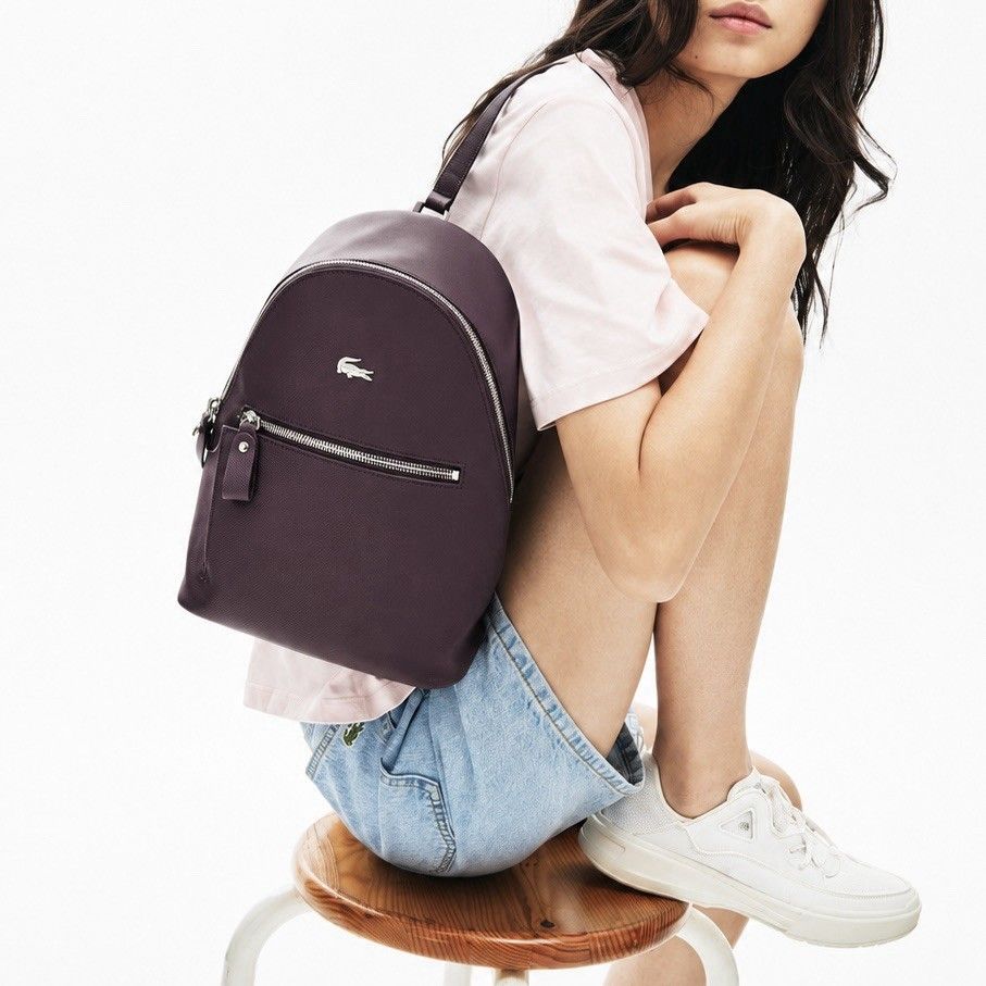Lacoste Daily Classic Backpack Grape Wine Purple Coated Pique Croc Logo Bag